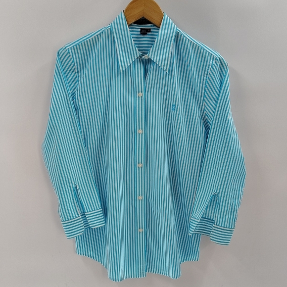 CHAPS Ralph Lauren Turquoise And White Button Down Size Medium Quarter Sleeve - Picture 1 of 6